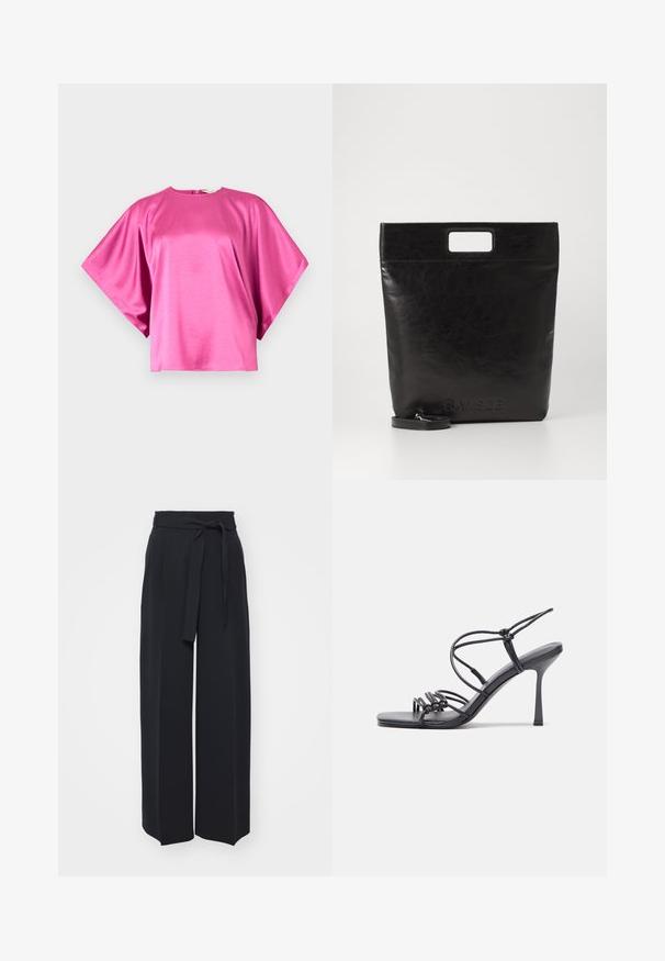 Kortärmad, ljusrosa topp i satin. Har en bred, avslappnad passform med rund hals och subtil bakstängning. Slät textur.; Breda svarta byxor i mjukt material. Har ett bälte i midjan och framfällor. Slät struktur med en ren, modern design.; Svarta högklackade sandaler har tunna remmar med en knuten design, en slät fyrkantig tå och en smal stilettklack.; Svart läder tote-väska med ett fyrkantigt handtag, med en texturerad yta och präglad logotyp. Inkluderar en avtagbar rem.