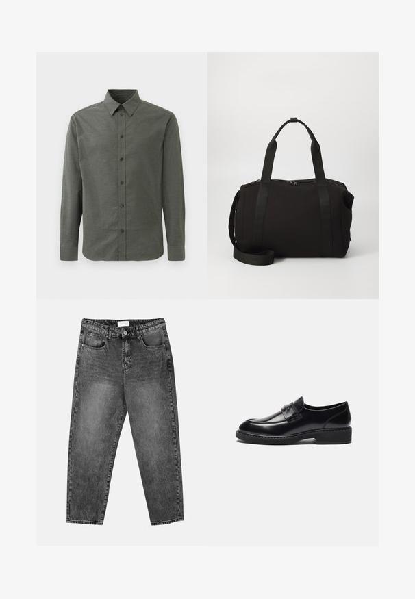 Chemise à manches longues boutonnee de couleur vert foncé, fabriquée en tissu texturé. Dotée d'un col classique et de cinq boutons sur le devant.; Ensemble de cinq t-shirts à manches courtes en blanc, beige, gris clair, gris foncé et noir. Fabriqués en coton doux, présentant un design à col rond.; Jean noir délavé à jambe droite avec poches avant et arrière, passants de ceinture et bouton de fermeture à la taille.; Zign LEATHER - Mocassins de ville - black; Sac de voyage noir avec des poignées épaisses et une bandoulière amovible. Fabriqué en tissu lisse, il possède une fermeture à glissière et un design minimaliste.