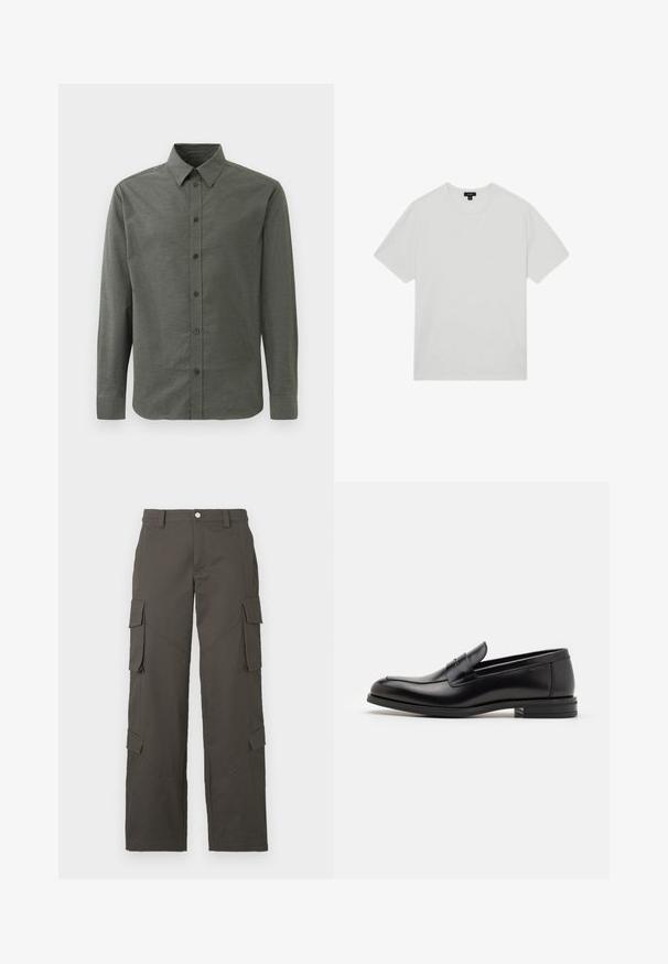 Koszula z długim rękawem zapinana na guziki w ciemnozielonym kolorze, wykonana z fakturowanej tkaniny. Posiada klasyczny kołnierz i pięć guzików z przodu.; Biała bawełniana koszulka z okrągłym dekoltem, krótkimi rękawami i luźnym krojem. Gładka tekstura, bez wzorów ani zdobień.; Ciemnoszare, proste spodnie cargo z zapięciem na guzik i czterema kieszeniami z klapkami, dwiema na udach i dwiema w okolicy łydek.; Czarne skórzane mokasyny o gładkiej fakturze, zaokrąglonym nosku i dekoracyjnym pasku na przodzie. Niski, warstwowy obcas, minimalistyczny design.