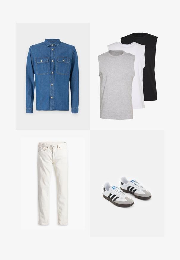 Tummansinisestä denimpaitasta, pitkät hihat, napitetut hihat, terävä kaulus, kaksi rintataskua ja etupuolella nappikiinnitys kultaisilla yksityiskohdilla.; Kolme ilmanhihaista t-paitaa harmaana, valkoisena ja mustana. Pehmeä puuvillakangas, pyöreä pääntie ja rento malli. Yksinkertainen muotoilu, ei kuvioita.; Valkoiset farkut suoralla leikkauksella, viidellä taskulla, kuparinapit ja niitit sekä hienovaraisesti teksturoitu kangas. Ei näkyviä kuvioita.; Urheilukengät, joissa on valkoinen nahkainen päällinen, harmaa mokkanokka ja kolme mustaa raitaa. Ominaisuuksina sininen logo kielekkeessä ja kuvioitu kumipohja.