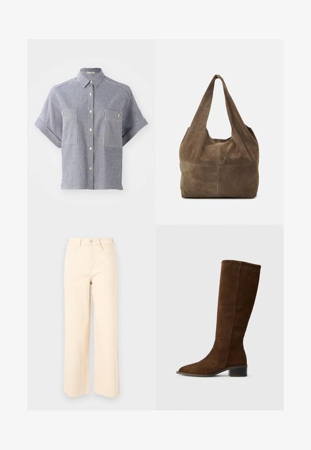 Camisa de botão de manga curta em algodão às riscas em azul e branco, com dois bolsos frontais e colarinho clássico.; Jeans beje de perna larga feitos de algodão, com cintura alta, fecho de botão e dois bolsos frontais com um acabamento suave e texturizado.; Bota de camurça castanha até ao joelho com bico fino e um salto baixo robusto. Textura suave com um design limpo e sem hardware proeminente.; Saco hobo castanho em camurça com uma alça única para o ombro, textura suave e forma arredondada. Apresenta uma costura ao longo do meio para um detalhe adicional.