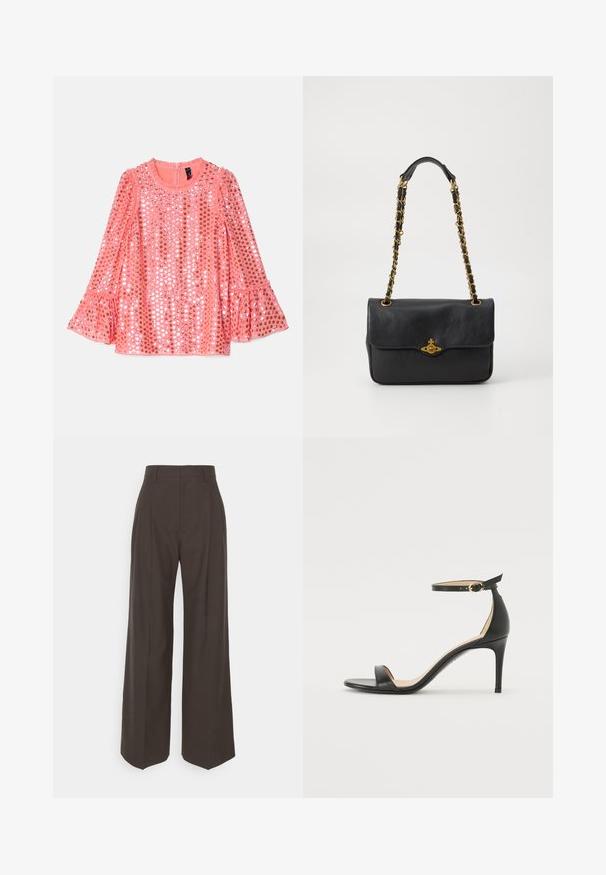 Różowa bluzka z długim rękawem, z okrągłym dekoltem, ozdobiona cekinami i rozkloszowanymi mankietami. Miękka tkanina o gładkiej fakturze i subtelnym połysku.; Ciemnobrązowe spodnie z szerokimi nogawkami i wysokim stanem, wyróżniające się starannie wyprasowanymi zagnieceniami, gładką fakturą i dopasowanym krojem.; Czarne skórzane sandały na wysokim obcasie z paskiem na kostce. Charakteryzują się gładką fakturą, otwartym noskiem i cienkim obcasem. Złoty detal z klamrą.; Czarna skórzana torebka z klapą, złotym łańcuszkiem i detalami z logo z przodu. Gładka tekstura.