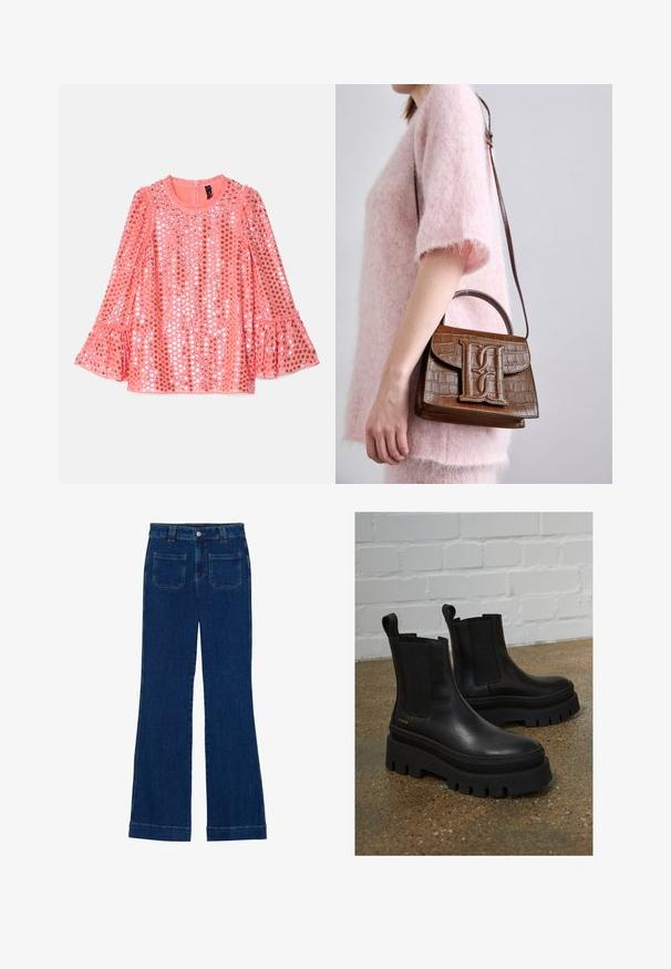 Bluză roz cu mânecă lungă și guler rotund, decorată cu paiete și manșete evazate. Material moale cu o textură netedă și o strălucire subtilă.; Jeans din denim cu fason evazat, de culoare albastru închis, cu o textură netedă, design cu cinci buzunare și închidere cu nasture la talie.; Botine negre din piele cu panouri laterale elastice, talpici groase din cauciuc negru și detalii de cusătură, având un element pentru a le trasa ușor.; Geantă maronie cu embossing de crocodil, dotată cu un mâner superior și o curea de umăr. Prezintă un logo proeminent pe clapeta din față. Textură moale.