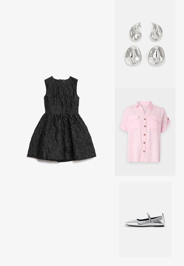 Šviesiai rožinė trumpomis rankovėmis marškinėliai su sagų užsegimu, dviem krūtinės kišenėmis ir suveršiamomis rankovėmis. Pagaminti iš minkštos, lengvos medžiagos.; Juoda berankovė suknelė su tekstūriniu gėlių raštu, prigludusia liemene ir išsiplėtusia sijonu. Matomos siūlės dekoracijos ir užsegimas nugaroje.; Sidabriniai metaliniai balerinų bateliai su smailiu pirštu, kulkšnies diržu su reguliuojamu sagtimi, tekstūruotu paviršiumi ir minimalistiniu juodu padu.; Sidabrinės auskarai, kurie turi dvi ašaros formos ir dvi suapvalintos formos, visi su lygia, blizgia paviršiumi ir glotni tekstūra.