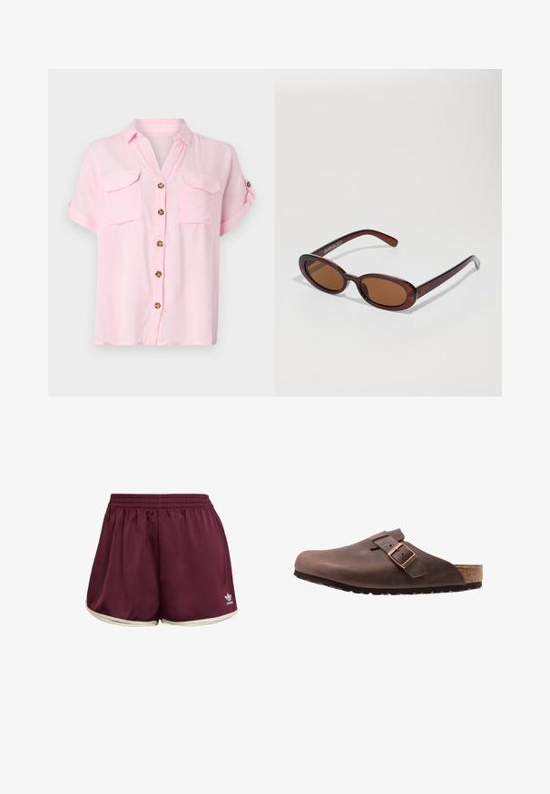 Light pink short-sleeve shirt with button-up front, two chest pockets, and rolled sleeves. Made of soft, lightweight fabric.; adidas Originals SPRINTER - Shorts - maroon cream white; Brown leather clog with a wide toe box, adjustable strap with metal buckle, and cork-latex footbed. Treaded rubber sole for grip.; Round, brown-tinted sunglasses with a glossy burgundy frame. Slim arms with subtle branding detail. Flat lens design.
