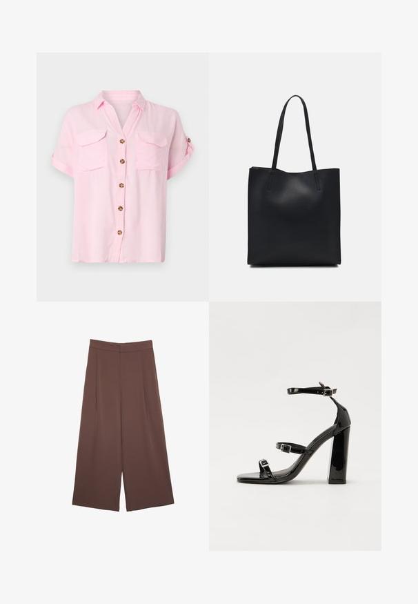 Maglietta rosa chiaro a maniche corte con chiusura a bottoni, due tasche sul petto e maniche arrotolate. Realizzata in tessuto morbido e leggero.; Pantaloni ampi marroni con una texture liscia, caratterizzati da una vita alta e pieghe frontali. Il tessuto è leggero e scorre liberamente.; Sandali con tacco in vernice nera, con punta squadrata, cinturini alla caviglia e fibbie in argento. Presentano un tacco a blocco spesso per maggiore stabilità.; Borsa tote in pelle nera con texture liscia, forma rettangolare e due manici lunghi. Nessun hardware o decorazione visibile.