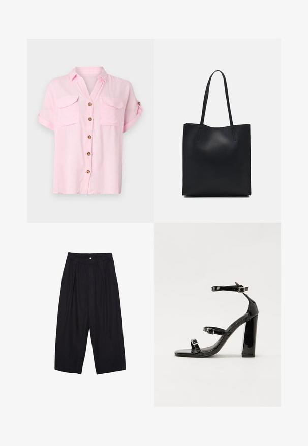 Svetlo roza majica s kratkimi rokavi z gumbom spredaj, dvema žepoma na prsih in zavihanimi rokavi. Narejena iz mehke, lahke tkanine.; Črne poliesterske culotte hlače z elastičnim pasom, dvema sprednjima nabiranjema in ohlapnim krojem. Brez vidnih vzorcev ali kovinskih detajlov.; Črne lakirane sandale s peto, kvadratnim prstom, trakovi okrog gležnja in srebrnimi zaponkami. Opremljene so s stabilno Debelo peto.; Črna usnjena torba s svilnato teksturo, pravokotne oblike in dvema dolgima ročajema. Brez vidnih metalnih delov ali okrasnih elementov.