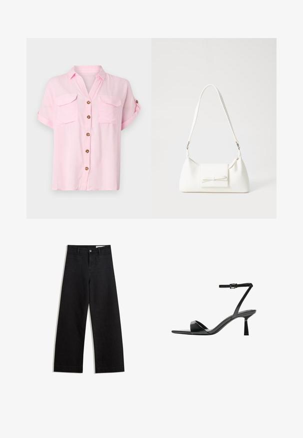 Svijetlo ružičasta košulja kratkih rukava s gumbima sprijeda, dva džepa na prsima i rukavima koji su podiženi. Napravljena od mekog, laganog materijala.; Crne široke traperice s visokim strukom, s prednjim i stražnjim džepovima, šivenim šavovima i kopčanjem na gumb. Glatka tekstura.; Bershka Sandale s visokom petom - black; Bijela sintetička torbica s trokutastim oblikom, ravnim prednjim poklopcem i detaljem u obliku mašne, podesivom remenom, glatkom teksturom i minimalističkim dizajnom.