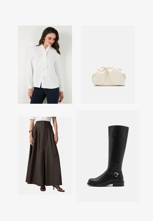 Blouse blanche avec un col à nœud, manches longues et fermeture à boutons. Présente un accent en perles près du col et a une texture lisse.; Jupe longue plissée marron en tissu léger ; dotée d'une taille haute et de poches latérales ; associée à des sandales à talons noires.; Anna Field Wide Fit Bottes - black; Sac en cuir synthétique de couleur crème, doux, avec un design froncé, une bandoulière adjustable et une fermeture à cordon subtile. Texture lisse et forme arrondie.