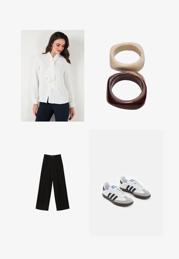 Weiße Bluse mit einem Schleifenkragen, langen Ärmeln und Knopfverschluss. Verfügt über einen Perlenakzent in der Nähe des Kragens und hat eine glatte Textur.; Schwarze, weit geschnittene Hose mit hoher Taille, ausgestattet mit einem Gürtel in der Taille und Falten für Struktur. Hergestellt aus einem glatten, leichten Stoff.; Sportschuhe mit einem Obermaterial aus weißem Leder, grauer Wildleder-Zehenkappe und drei schwarzen Streifen. Sie verfügen über ein blaues Logo auf der Zunge und eine strukturierte Gummisohle.; Stradivarius SET - Armband - dark brown