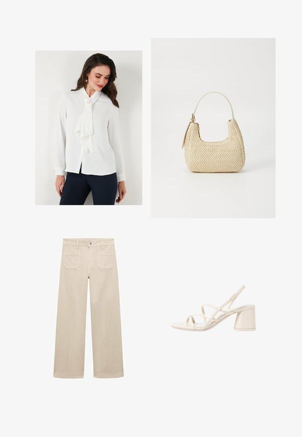 Bílá blůza s límečkem na mašli, dlouhými rukávy a zapínáním na knoflíky. Má perlový detail u límce a hladkou texturu.; Beige široké kalhoty z bavlny. Mají zipový poklopec, přední knoflík a dvě našité kapsy na zadní straně. Čistý lem bez ozdob.; Beige sandály na vysokém podpatku s pásky, kulatou otevřenou špičkou a středním blokovým podpatkem. Mají nastavitelný pásek kolem kotníku a hladký, lesklý povrch.; Tkaná slámová kabelka v béžové barvě s zakřiveným tvarem, krátkým držadlem a bočním zipem. Vyznačuje se texturovaným povrchem a minimalistickým designem.