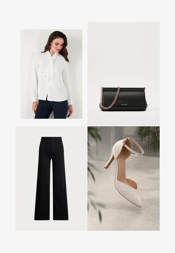 Biela blúzka s golierom na mašľu, dlhými rukávmi a zapínaním na gombíky. Obsahuje perlový detail pri golieri a má hladkú textúru.; Čierne široké nohavice vyrobené z tkaniny, so vysokým pásom, predným zapínaním na gombík a bočnými vreckami. Hladká textura s čistými líniami.; Biele vysoké lodičky z hladkého materiálu s špicatou špičkou a členkovým remienkom. Majú svetlohnedý interiér a akcenty v zlatej farbe.; Čierna kožená kabelka s retiazkou zo zlata, so hladkou textúrou, obdĺžnikovým tvarom a embosovaným logom na prednej strane.