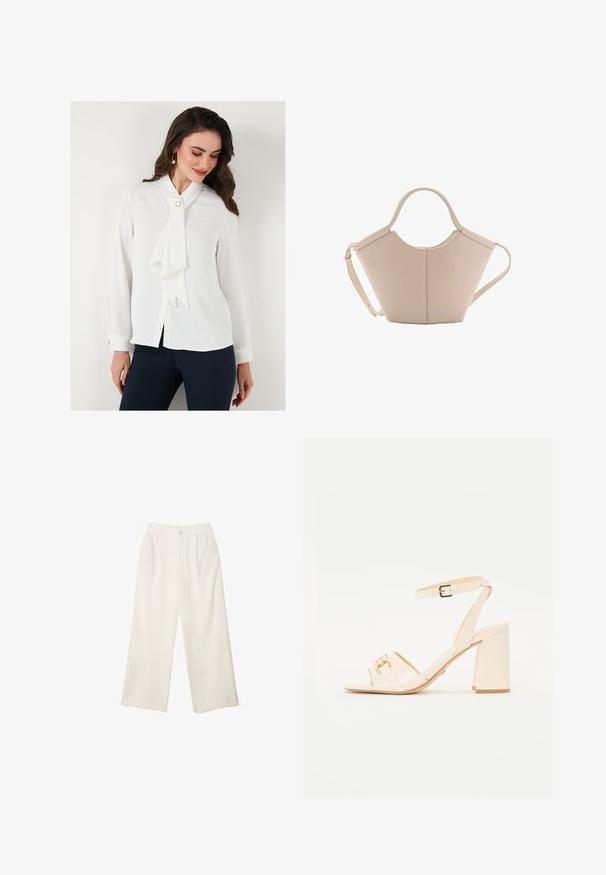 Bijela bluzica s kragnom na mašnicu, dugim rukavima i zatvaranjem na dugmad. Ima biserni detalj blizu kragne i glatku teksturu.; Hlače širokih nogavica od kremaste tkanine s glatkom teksturom, s jednim prednjim gumbom, suptilnim plitvicama i visokim strukom.; Bлагоželjne bež lakirane sandale sa četvrtastim prstima, dva prednja remena, remenom oko gležnja s kopčom i blok petom.; Bež kožna torba jedinstvenog oblika, s dva kratka ručka i dugom podesivom trakom. Glatka tekstura s minimalnim metalnim dodacima.