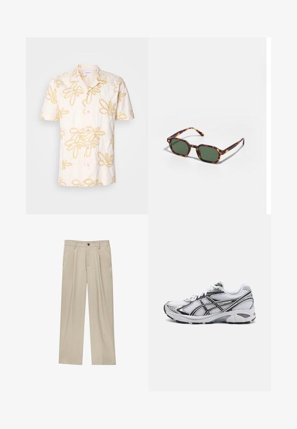 Kratka majica s kratkimi rokavi, izdelana iz kremaste tkanine z rumenim ročnim vezenjem, z gumbi spredaj in klasičnim ovratnikom.; Bež hlače ravnega kroja, z enim črnim gumbom, zanke za pas in stranskimi žepi. Gladka tekstura tkanine in minimalističen dizajn.; Bela atletska čevlja z mrežnim zgornjim delom, črnimi akcenti in srebrnimi podrobnostmi. Imajo podložen podplat in vezalni dizajn za podporo.; Očalna okvir iz želvje školjke z zelenimi lečami, ki ima osemkotno obliko in tanke, zakrivljene ročke. Material ima sijajno površino.