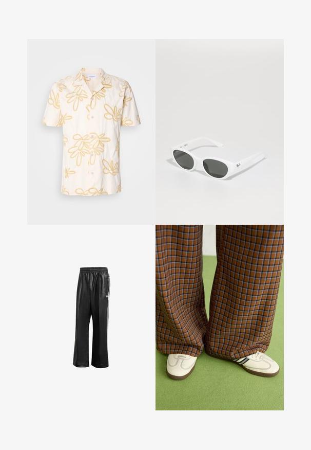 Trumpas rankovėmis marškiniai, pasiūti iš kreminio audinio su geltonais gėlių siuvinėjimais, su mygtukais priekyje ir klasikinio tipo apykakle.; Juodos sintetinių medžiagų treniruočių kelnės su elastingu juosmeniu, su baltomis šoninėmis juostelėmis ir mažuoju baltu logotipu kairėje klubo pusėje.; Rudos ir mėlynos langelinės plačios kelnės, derinamos su baltais batais su juodais akcentais ir tekstūruotais padais, prieš žalią foną.; Baltos akiniai nuo saulės su apvaliais rėmeliais ir tamsiais lęšiais. Pasižymi lygaus plastiko tekstūra ir mažu logotipu ant šventyklos.