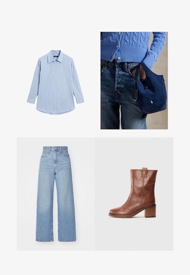 Lyseblå skjorte med knaplukning, vertikale hvide og tynde røde striber, lange ærmer, klassisk krave og en buet kanten.; Lyseblå højtaljede bukser med bred benåbning, med frontknap og lynlås, samt for- og baglommer, på en hvid baggrund.; Brune læder knælange støvler med blokhælk og guld logoetiket på siden, vist i profil på en hvid baggrund.; Marineblå ruskindstaske med blød tekstur, dobbelte håndtag og en lille påsat mærkat. Har et hvidt logo på forsiden og en rundet bund.