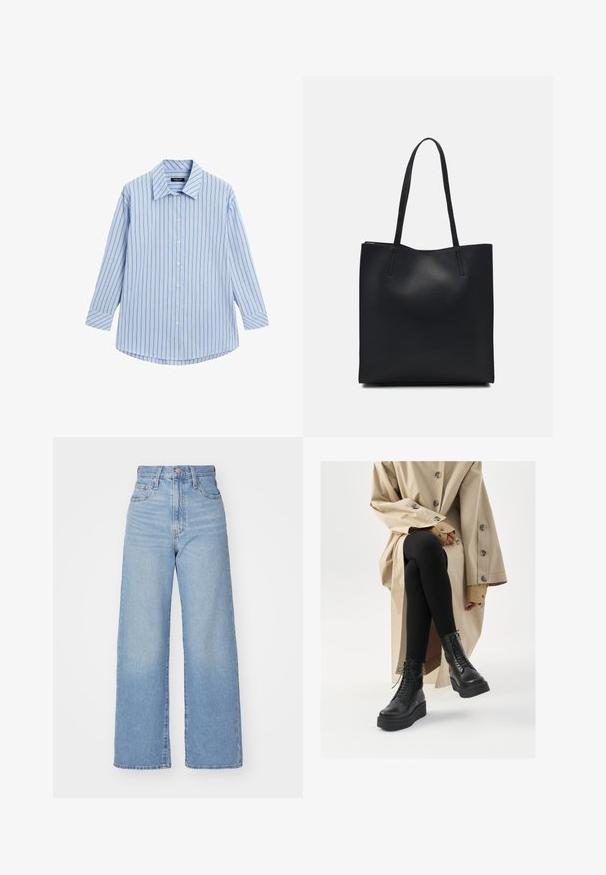 Light blue button-up shirt with vertical white and thin red stripes, long sleeves, classic collar, and a curved hemline.; Light blue high-waist wide-leg jeans with front button and zip closure, front and back pockets, on a white background.; Black leather ankle boots with lace-up detail, raised platform sole, and textured black leggings, worn with a light beige trench coat.; Black leather tote bag with smooth texture, rectangular shape, and two long handles. No visible hardware or embellishments.