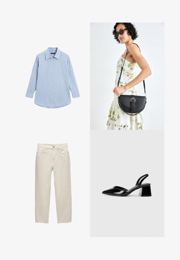 Lyseblå skjorte med knaplukning, vertikale hvide og tynde røde striber, lange ærmer, klassisk krave og en buet kanten.; Hvide denim jeans med en afslappet pasform, der har lige ben, fem-lomme design og metal hardware med en subtil tekstur.; Sorte patentlæder slingback hæle med spids tå og en geometrisk blok hæl. Har et elegant, minimalistisk design og en glat tekstur.; Sort læderhåndtaske med en buet form, aftagelig rem og guldfinish. Tasken har en klap med en spænde detalje.