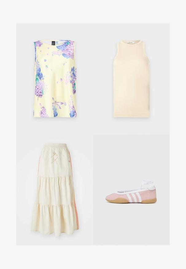 Top bez rękawów, wykonany z gładkiego materiału, żółty z kwiatowymi nadrukami w kolorze fioletowym i niebieskim. Posiada okrągły dekolt i luźny krój.; Jasno beżowy bezrękawnik wykonany z materiału w prążki, z okrągłym dekoltem i dopasowanym krojem. Gładka tekstura z minimalną liczbą szwów.; Kremowa, warstwowa midi spódnica z elastyczną talią i sznurkiem. Posiada pomarańczowe paski po bokach oraz miękką, gładką teksturę bawełny.; adidas Originals TAEKWONDO MEI różowy