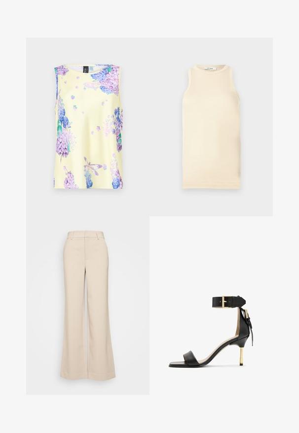 Ärmelloses Top aus glattem Stoff, gelb mit floralem Druck in Lila und Blau. Hat einen runden Halsausschnitt und eine lockere Passform.; Helles beiges ärmelloses Top aus geripptem Stoff, mit einem runden Ausschnitt und figurbetontem Design. Glatte Textur mit minimalen Nähten.; Beige weite Hosen mit glatter Textur, ausgestattet mit einem hohen Taillenbund und zwei vorderen Taschen. Schlichtes Design mit taillierter Passform.; Schwarze Leder-Absatzsandale mit quadrater Zehenform, Fesselriemen mit einer goldenen Schnalle und einem schlanken, metallischen Absatz. Glatte Textur, minimalistisches Design.