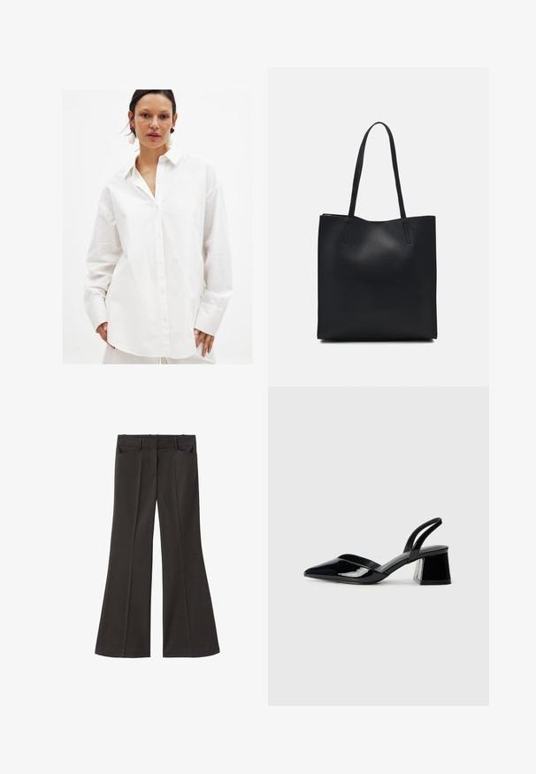 Witte button-up overhemd gemaakt van gladde katoen. Heeft een klassieke kraag, lange mouwen en een losse pasvorm met een subtiele textuur.; Zwarte flared broek met een hoge taille; beschikt over twee voorkeurszakken en een gladde stoftextuur. Geschikt voor verschillende gelegenheden.; Zwarte gepatineerde leren slingback hakken met een spitse neus en een geometrische blokhak. Kenmerkt zich door een slank, minimalistisch ontwerp en een gladde textuur.; Zwarte leren handtas met een gladde textuur, rechthoekige vorm en twee lange handvaten. Geen zichtbare hardware of versieringen.