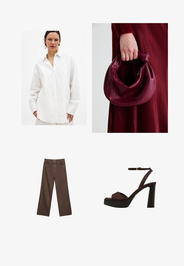 Camicia bianca con bottoni realizzata in cotone morbido. Presenta un colletto classico, maniche lunghe e una vestibilità ampia con una texture sottile.; Jeans a gamba larga marroni in denim, con vita alta, tasche anteriori e chiusura a bottone classica. Tessuto liscio con cuciture sottili.; Sandal in camoscio marrone con tacco alto, punta aperta, cinturino alla caviglia regolabile e suola a piattaforma striata.; Borsa in pelle bordeaux con un design morbido e arricciato e una forma arrotondata. Il manico è fissato, mostrando una texture liscia.
