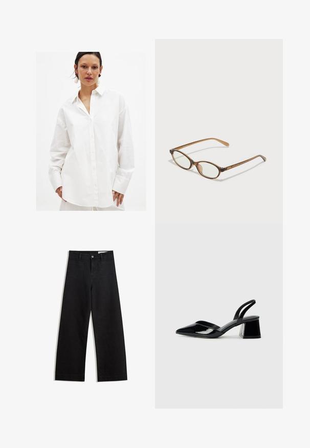 White button-up shirt made of smooth cotton. Features a classic collar, long sleeves, and a loose fit with subtle texture.; Black wide-leg denim pants with a high waist, featuring front and back pockets, stitched seams, and a button closure. Smooth texture.; Black patent leather slingback heels with a pointed toe and a geometric block heel. Features a sleek, minimal design and smooth texture.; Brown tortoiseshell glasses with oval lenses, thin arms, and transparent accents. Features a subtle logo on the temple. Sleek, lightweight design.; Black leather hobo bag with a smooth texture, curved shape, and single adjustable strap; features a wide opening at the top.