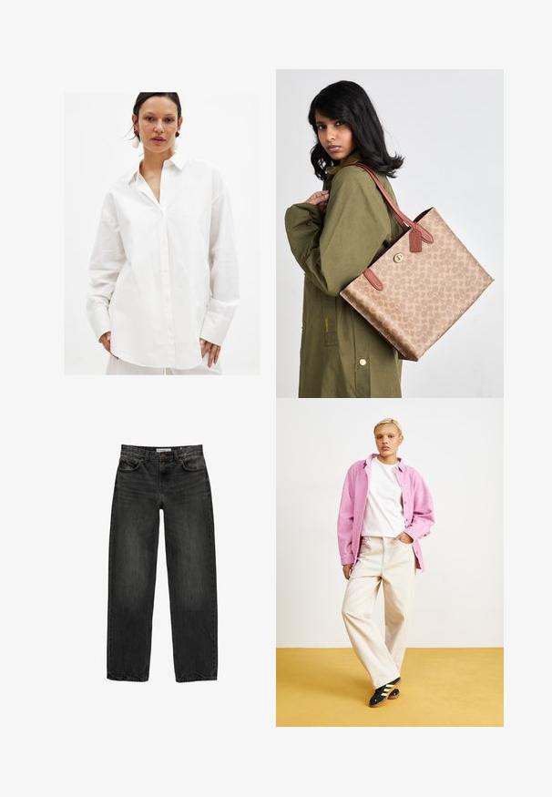 Witte button-up overhemd gemaakt van gladde katoen. Heeft een klassieke kraag, lange mouwen en een losse pasvorm met een subtiele textuur.; Zwarte denim jeans met een relaxte pasvorm, rechte pijpen, vijf-pocket ontwerp en een licht vervaagde textuur. Knop- en ritssluiting aan de voorkant.; Roze corduroy shirt over een witte T-shirt, gecombineerd met beige wijde broeken en zwarte schoenen met gele strepen. Geplaatst tegen een gele achtergrond.; Bruine tas met patroon en leren accenten en handvatten. De tas heeft een ritsclosure en wordt gedragen over een groene jas.