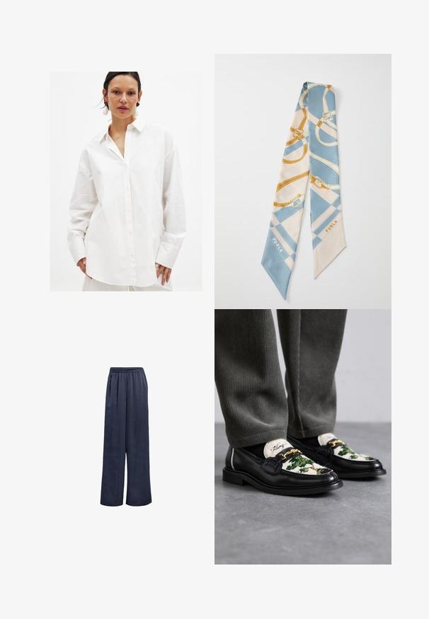 Witte button-up overhemd gemaakt van gladde katoen. Heeft een klassieke kraag, lange mouwen en een losse pasvorm met een subtiele textuur.; Marineblauwe wijde broek gemaakt van een soepele stof met een elastische tailleband en zonder zichtbare hardware. Heeft een relaxte pasvorm en een volledige lengte.; Zwarte lederen instappers met een decoratieve groene en witte textielen bovenkant. Voorzien van een gouden kettingaccent en een gestructureerde zwarte zool.; Zijden sjaal met een blauw, beige en gouden patroon, versierd met verweven riemen en gespen. De uiteinden lopen taps toe naar een puntige vorm. "FURLA"-logo weergegeven.