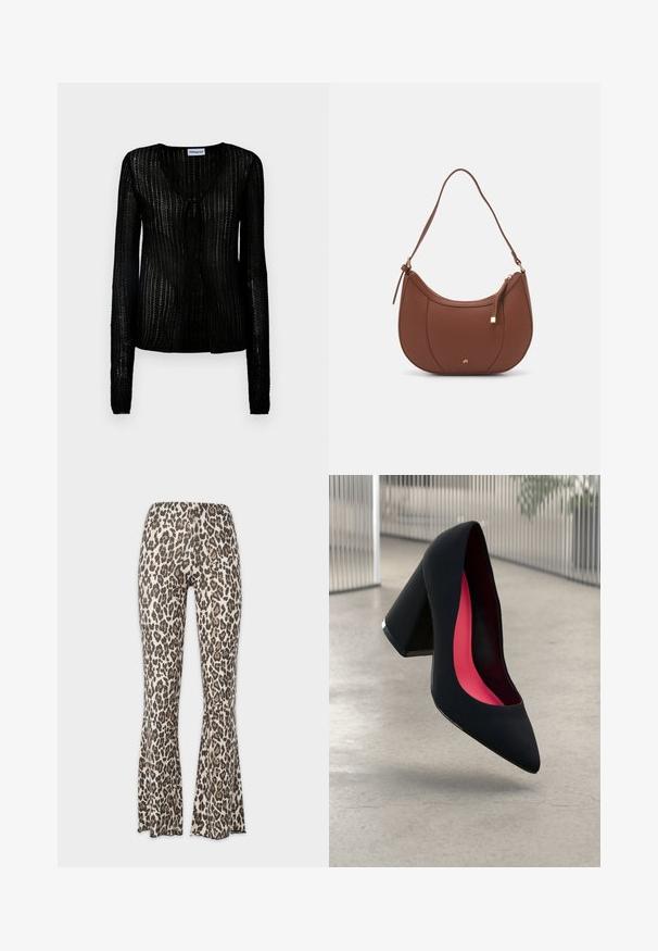 Čierny, ľahký kardigán s dlhými rukávmi a výstrihom do V. Textúrovaná látka s vertikálnymi prúžkami a predným zapínaním na gombíky.; Čierny rebrovaný top na jedno rameno s priliehavým strihom a jemnou textúrou. Obsahuje čistý, minimalistický strih a hladký výstrih.; Nohavice s leopardím vzorom v krémových a hnedých odtieňoch, s priliehavým pásom a širokým dolným otvorom. Hladká textúra, elastický materiál.; Čierna lodička na vysokom opätku s špicatou špičkou, štruktúrovaným povrchom a živým ružovým interiérom. Obsahuje robustný opätok so strieborným akcentom.; Hnedá umelá kožená taška cez rameno s zakriveným tvarom, minimalistickým šitím a zlatými akcentami. Obsahuje zips na vrchu a nastaviteľný popruh.