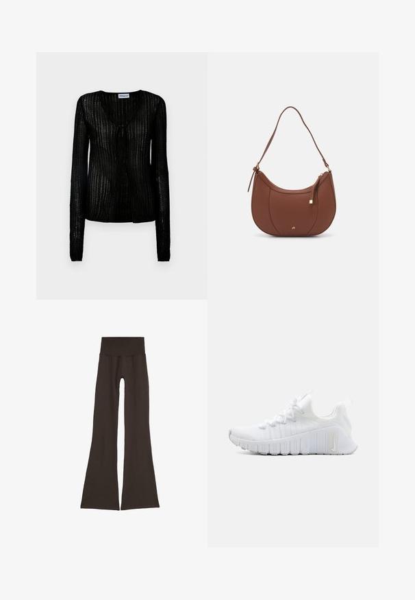 Cardigan negru, ușor, cu mâneci lungi și decolteu în V. Materialul texturat are dungi verticale și o închidere cu buton în față.; Leggings negre-maroniu, cu o talie largă, cu nervuri. Realizate dintr-un material moale și elastic, prezentând un design fără cusături și fără accesorii vizibile.; Pantofii sport albi cu un upper texturat, închidere cu șireturi plate și o talpă din cauciuc proeminentă cu striuri verticale. Prezintă un logo pe lateral.; Geantă de umăr din piele ecologică maro, cu o formă curbată, cusături minime și un accent din metal auriu. Are un închidere cu fermoar în partea de sus și o curea ajustabilă.