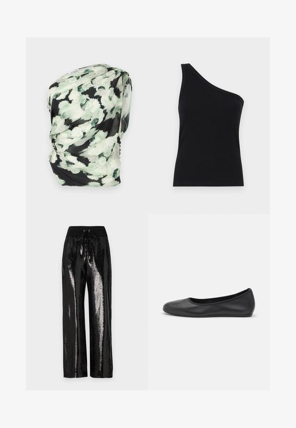 Blommig scarf i lätt tyg, med en svart bakgrund och gröna samt vita abstrakta mönster, draperad med mjuk textur.; Enaxlad svart ribbad linne med en figurnära design och mjuk textur. Har en ren, minimalistisk skärning och slät halsringning.; Svarta paljettbyxor med vida ben och elastisk midja med dragsko. Tyget har en reflekterande, glansig textur.; Svart läderballerinaskor med rund tå, slät yta, minimala söm detaljer och en flexibel sula.
