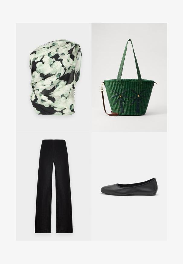 Foulard floreale in tessuto leggero, con uno sfondo nero e motivi astratti verdi e bianchi, drappeggiato con una texture morbida.; Pantaloni larghi neri realizzati in tessuto leggero. Presentano un vita alta, una texture liscia e linee pulite senza tasche o decorazioni.; Pantofole da balletto nere in pelle con punta arrotondata, texture liscia, dettagli di cucitura minimi e design con suola flessibile.; Borsa a rete verde con design di palme in verde scuro; presenta due manici e una tracolla staccabile in pelle marrone.