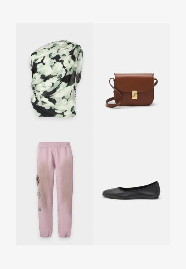 Gėlių skara iš lengvos medžiagos, turinti juodą foną su žaliais ir baltais abstrakčiais raštais, kabančia minkštu tekstūru.; Rožinės sportinės kelnės su elastinga juosta, kairėje pusėje dekoruotos rombo formos aplikacijomis ir elastingais užkulniais.; Juodai odiniai baletai su apvaliu pirštu, lygi texture, minimalus siuvimo detales ir lanksčiu padų dizainu.; Ruda odinė rankinė su uždaromu dangteliu, aukso spalvos detalėmis, petneša ir lygiu paviršiumi. Kompaktiška stačiakampio formos.