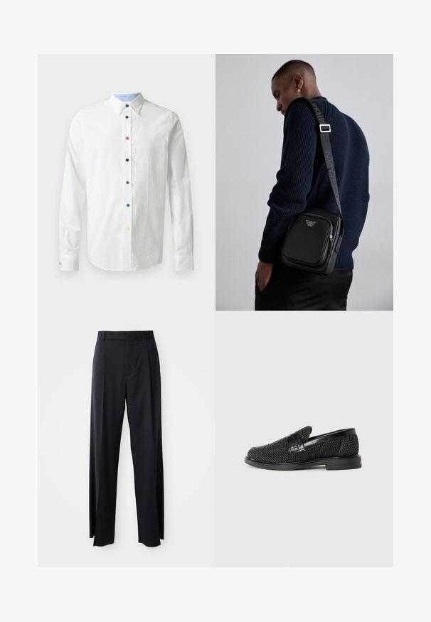 Biela košeľa s dlhým rukávom a golierom na zapínanie, s viacfarebnými gombíkmi na prednej strane a svetlomodrou podšívkou goliera.; Čierne, vysoké nohavice so širokým strihom, vyrobené z hladkej látky. Obsahujú predné skladby a pútka na opasok. Minimalistický dizajn, bez viditeľnej kovania.; Čierne tkané slip-on topánky s hladkým koženým akcentom na vrchnej časti, s okrúlym dizajnom špičky a nízkoprofilovou gumovou podrážkou.; Čierna kožená kabelka cez telo s uzatvárateľnou priehradkou, detailom loga a nastaviteľným popruhom s nápisom značky. Nosená proti textúrovanej námorníckej svetri.