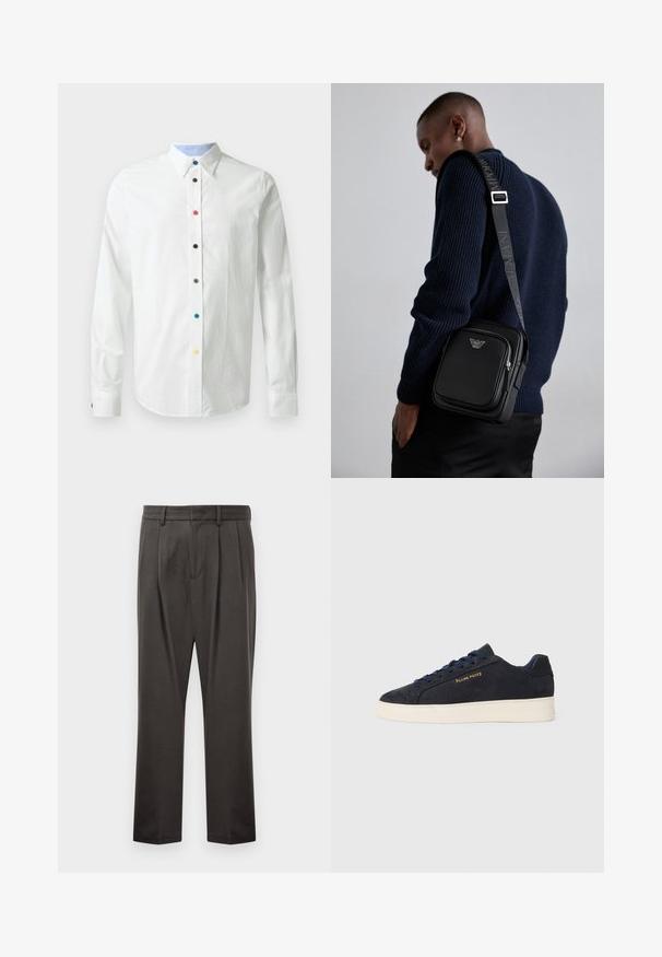 Bela srajca z dolgimi rokavi in z gumbom dolgem ovratnikom, ki ima večbarvne gumbe spredaj ter svetlo modro podlogo ovratnika.; Temno sive hlače iz teksturirane tkanine, z ravnim sprednjim delom, naborki, ravnimi nogami in zankami za pas. Brez vidnih kovinskih delov ali vzorcev.; Mornarsko modre semiš nizke superge z belim podplatom, mornarskimi vezalkami in z zlatim logotipom "Filling Pieces" na strani.; Črna usnjena torba čez ramo z zadrgo, detajlom logotipa in nastavljivim trakom s znamko. Nosi se ob teksturirani mornarsko modri pulover.