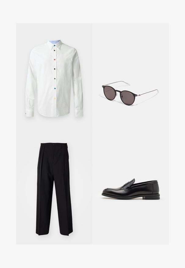 Camicia bianca a maniche lunghe con colletto button-down, caratterizzata da bottoni multicolori lungo la parte anteriore e da una fodera del colletto interno blu chiaro.; Pantaloni neri a pieghe con un design dritto e gamba larga. Realizzati in tessuto morbido, con chiusura a bottone e passanti per cintura.; Mocassini neri in pelle con una texture liscia, punta arrotondata e una striscia decorativa sulla tomaia. Tacco basso impilato, design minimalista.; Occhiali da sole neri rotondi con lenti scure e sottili bracci in metallo. Include punte trasparenti e accenti argentati alla cerniera. Design minimalista.