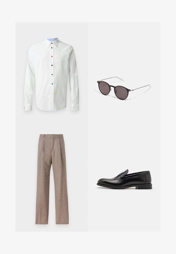 White long-sleeve shirt with a button-down collar, featuring multi-colored buttons along the front and a light blue inner collar lining.; Brown, high-waisted trousers made of textured fabric. Features wide legs and two front pleats for structure. Neat finish with no visible hardware.; Black leather loafers with a smooth texture, rounded toe, and a decorative strap across the vamp. Low stacked heel, minimalist design.; Black round sunglasses with dark lenses and slim metal arms. Includes clear temple tips and silver accents at the hinge. Minimalist design.