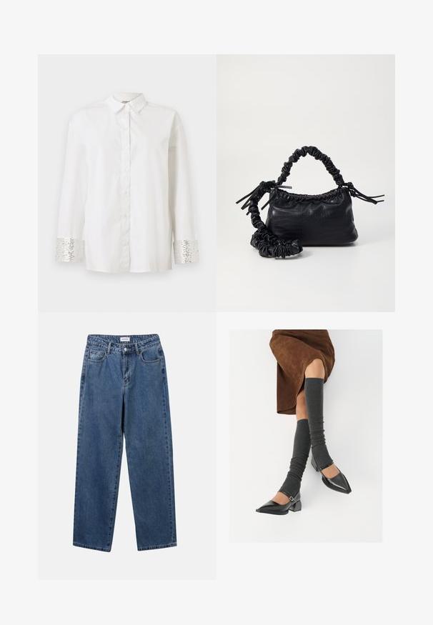 Camică albă cu mâneci lungi. Mansetele sunt împodobite cu paiete argintii. Are un guler standard și un croi drept.; Jeans clasice din denim albastru, cu un design drept, cinci buzunare și închidere cu nasture. Prezentând o spălare medie și o textură rezistentă.; Pantofi negri din piele lacuită, cu vârful ascuțit, toc bloc și curea la glezna, asortați cu jambiere gri cu nervuri și o fustă din suede maro.; Geantă din faux leather neagră cu textură de crocodil, cu partea superioară strânsă și o curea mototolită. Pare moale și compactă ca design.