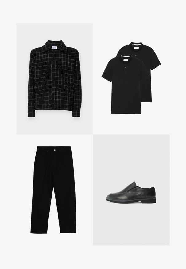 Czarna koszula z guzikami z dużym wzorem w kratkę w białe linie, z klasycznym kołnierzykiem i długimi rękawami, wykonana z teksturowanej tkaniny.; Dwie czarne koszulki polo z krótkim rękawem, wykonane z materiału bawełnianego, z klasycznym kołnierzykiem, z zapięciem na dwa guziki oraz białymi paskami wewnątrz kołnierza.; Czarne spodnie dżinsowe w klasycznym kroju prostym, z pięcioma kieszeniami i zapięciem na guzik z przodu. Gładka tekstura z minimalnymi detalami szwy.; Czarne skórzane buty wsuwane z gładką cholewką, przeszyciami, okrągłym noskiem i niskim gumowym obcasem. Podeszwa ma minimalny bieżnik.