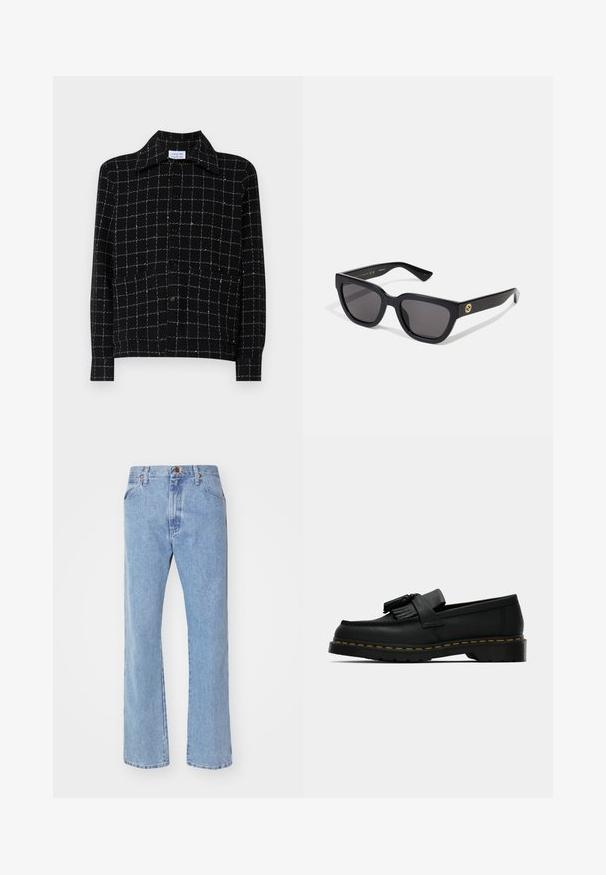 Černá košile na knoflíky s velkým kostkovaným vzorem v bílých liniích, s klasickým límečkem a dlouhými rukávy, vyrobená z texturované látky.; Světlé modré denimové džíny s vysokým pasem, přímým střihem nohavic a předními kapsami. Obsahují měděné kovové prvky a jemné seprání.; Černé kožené mokasíny s třásněmi, žlutým prošíváním podél podrážky a silnou, kordovanou gumovou podešví.; Černé obdélníkové sluneční brýle s lesklým povrchem, tmavými skly a zlatými kovovými detaily na spáncích představujícími logo.