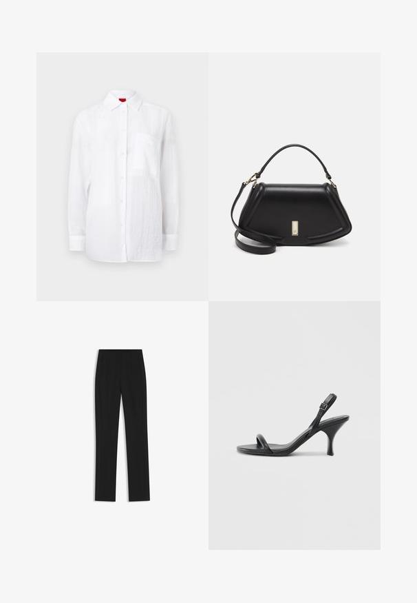 White long-sleeve shirt made of lightweight fabric, featuring a button-down front, collar, and a left chest pocket. Subtle textured finish.; Black tailored trousers with a straight-leg design, featuring front pockets and a smooth, textured fabric. Neat, minimal detailing.; Black leather high-heeled sandals with a slim, curved heel and a crossed strap design. Adjustable ankle strap. Smooth texture.; Black leather handbag with a structured design, featuring a cropped shape, top handle, and gold hardware accent. Adjustable shoulder strap included.