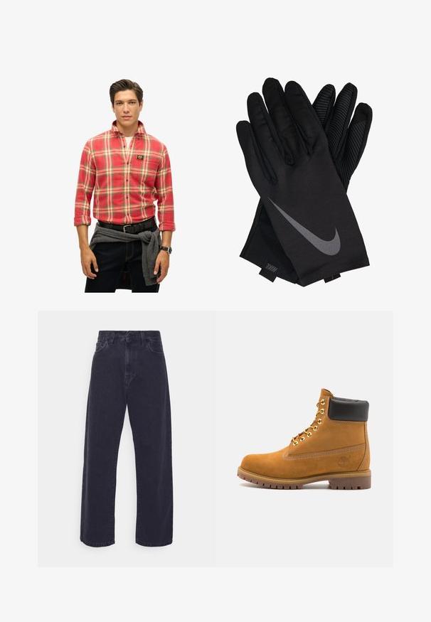 Czerwona koszula w kratę z żółtymi, zielonymi i niebieskimi akcentami. Długie rękawy, przy guziku z kołnierzykiem, z naszywką z logo. Ciemnoniebieskie dżinsy i szary sweter związany w talii.; Jeans z ciemnego denimu o szerokim kroju nogawek, wysokim stanie i pięciu kieszeniach. Posiada klasyczny zamek błyskawiczny i guzik z przodu.; Beżowe zamszowe botki sięgające kostki z czarną wyściełaną krawędzią, złotymi oczkami, białymi detalami szycia oraz wytrzymałą gumową podeszwą z wyraźnym bieżnikiem.; Czarne rękawiczki Nike z gładką tkaniną, z szarym logiem swoosh oraz teksturowanym uchwytem na dłoni i palcach.