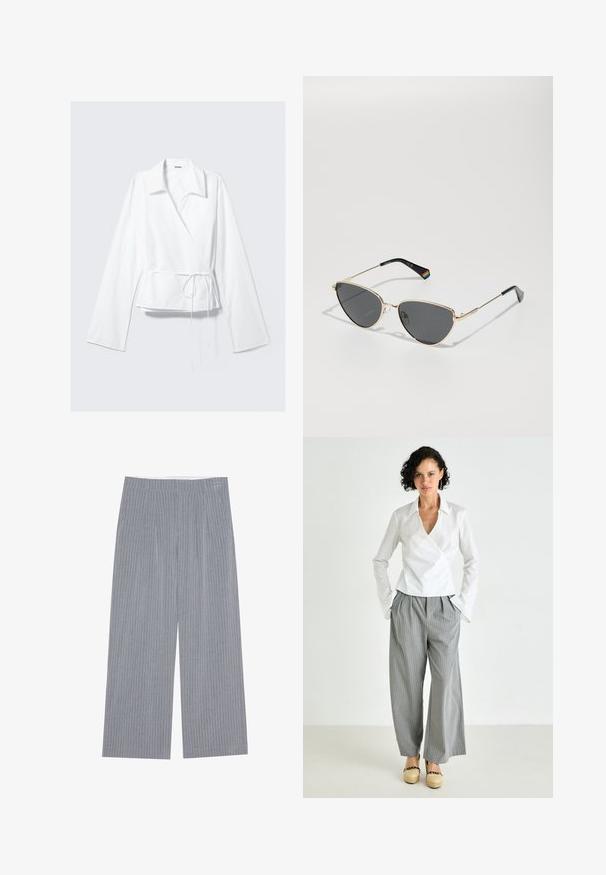 Valge ümar kaelusega pluus, mis on valmistatud siledast kangast. Tal on pikad varrukad ja sobitatud talje, millel on paela detail. Lihtne ja kaasaegne disain.; Hallid hallid pliiatsjalad valgete vertikaalsete triipudega, millel on plekitud esikülg ja tekstureeritud kangas.; Valge kraega rippuv pluus, koos hallide peene triibuga avarate pükste ja helepruunide platvormkingadega. Sile kangas ja mugav istuvus.; Kuldmetallist raami prillid tumedate läätsede ja kassiohvrikujuga, mille mustad varrukad on ühelt poolt varustatud vikerkaare aktsendiga.