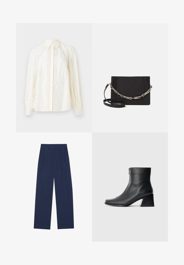 Witte blouse met een button-down kraag, textuurstof en ingewikkelde kant uitsparingen langs de zijkanten en mouwen.; Navyblauwe wijde broek van zachte stof, voorzien van voorplooien, een gladde textuur en een rechte pasvorm zonder zichtbare zakken.; Zwarte leren enkellaars met vierkante neus, zijrits en blokhak tegen een effen lichte achtergrond.; Zwarte leren schoudertas met een gladde textuur, rechthoekige vorm en een metallic kettingdetail aan de voorkant. Verstelbare schouderband inbegrepen.