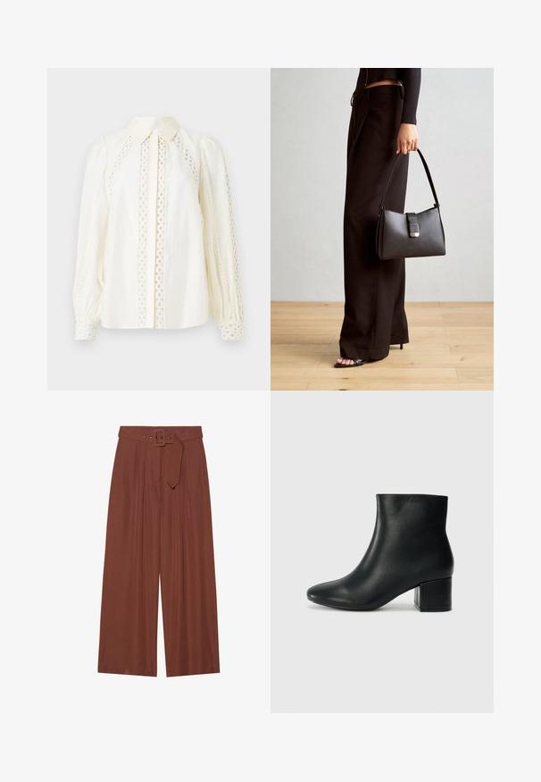 White blouse featuring a button-down collar, textured fabric, and intricate lace cutouts along the sides and sleeves.; Wide-leg trousers in brown fabric, featuring a belt with a square buckle, pleated design, and smooth texture.; Black leather ankle boots with a pointed toe and a chunky heel. Smooth texture with minimal accents and a sleek, fitted design.; Black handbag with structured shape, smooth texture, and a metallic clasp. Paired with wide black pants and open-toe sandals on wooden floor.