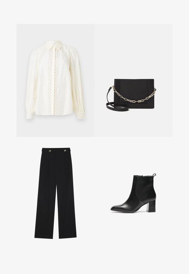 White blouse featuring a button-down collar, textured fabric, and intricate lace cutouts along the sides and sleeves.; Black wide-leg trousers with high waist, button details on waistband, and front pleats.; Black leather ankle boot with a rounded toe, a mid-height block heel, and a pull tab at the back. Smooth texture, minimal design.; Black leather crossbody bag featuring a smooth texture, rectangular shape, and a metallic chain detail on the front. Adjustable strap included.