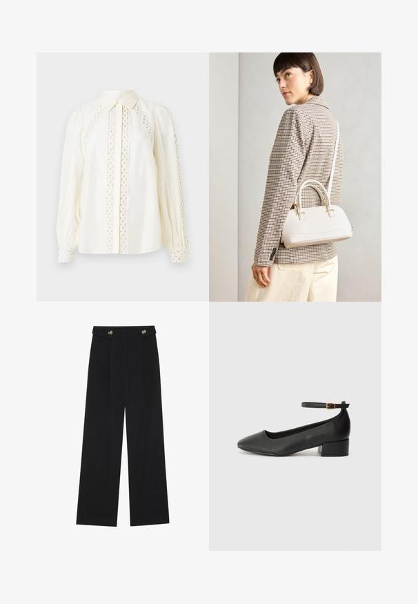 Fehér blúz gombos gallérral, texturált anyaggal és bonyolult csipke kivágásokkal az oldalán és az ujjakon.; Fekete, bő szárú nadrág magas derékkal, gombos részletekkel a derékrészen és elülső pliszékkal.; Fekete bőr magassarkú cipő hegyes orral és alacsony tömb sarkal. Bokapánttal rendelkezik, aranyszínű csattal. Simább textúra.; Fehér, strukturált kézitáska rövid füllel és vállpánttal, arany színű fém kiegészítőkkel és texturált anyagból, szürke háttér előtt bemutatva.