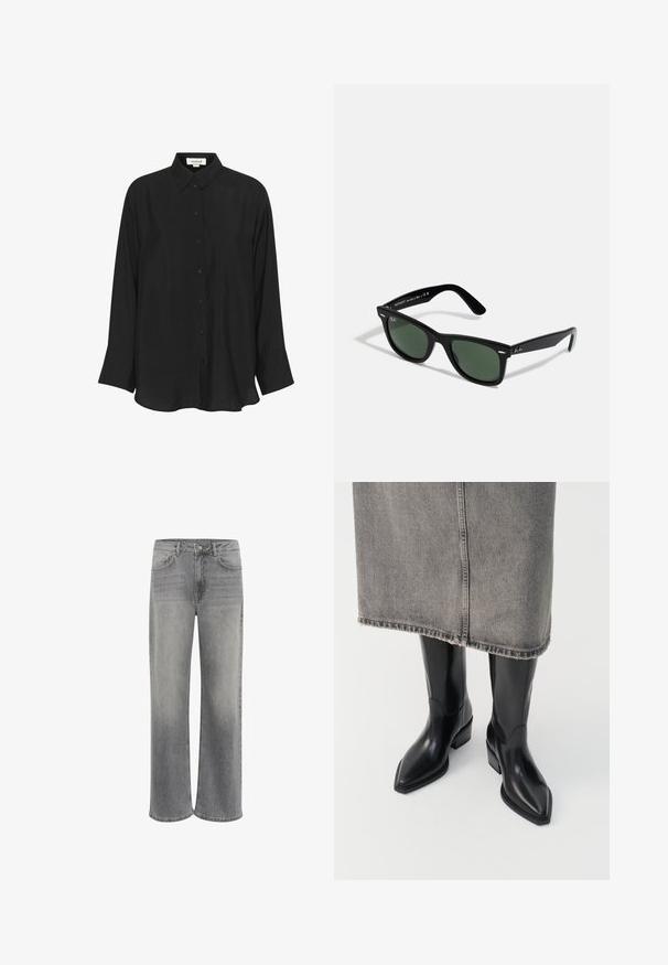 Maglietta nera a maniche lunghe realizzata in tessuto leggero, con colletto a punta, chiusura con bottoni e polsini leggermente svasati. Texture liscia.; Jeans a gamba larga in denim grigio, caratterizzati da un alto punto vita, cinque tasche, una chiusura con bottone anteriore e una leggera sfumatura sul tessuto.; Stivali da cowboy in pelle nera con punta affilata e tacco spesso, caratterizzati da una finitura liscia e un design elegante, abbinati a una gonna grigia.; Ray-Ban WAYFARER UNISEX - Occhiali da sole - black; Borsa a spalla in suede marrone con silhouette curvata, manico in pelle liscia e dettagli in hardware dorato. Design minimalista con bordi senza cuciture.