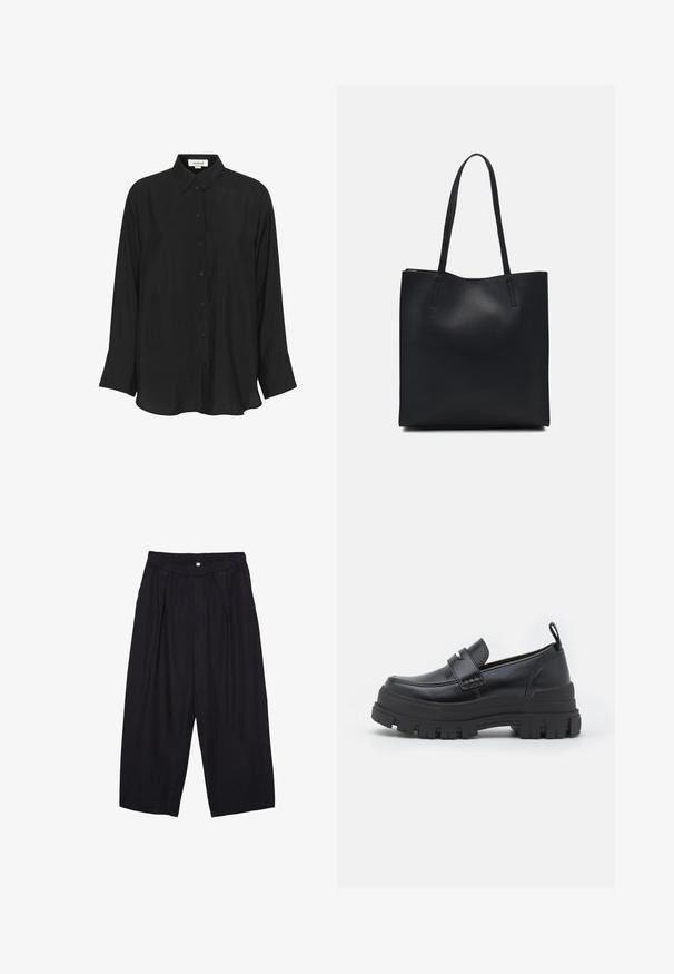 Black long-sleeve shirt made of lightweight fabric, featuring a pointed collar, button front, and slightly flared cuffs. Smooth texture.; Black polyester culotte pants with an elastic waistband, two front pleats, and a loose silhouette. No visible patterns or hardware details.; Black leather slip-on shoe with a chunky black rubber sole. Features a broad strap across the front and a stitched design around the toe.; Black leather tote bag with smooth texture, rectangular shape, and two long handles. No visible hardware or embellishments.